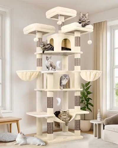 Globlazer Rascador para Gatos Grandes Beige, Castillo Gato Alto 204 cm con 3 Perchas Acolchadas, 2 Nidos, 2 Cesta, Hamaca, Árbol Rascador para Múltiple Gatos Adultos Descansar Jugar (F80, Beige)