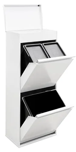 Arregui Top CR421-B Cubo de Basura y Reciclaje de 3 Compartimentos con Cajón Superior | 11+11+23 L (45 L) | con Cubetas para Envases y Orgánico | Contenedores de Reciclaje de Cocina | blanco
