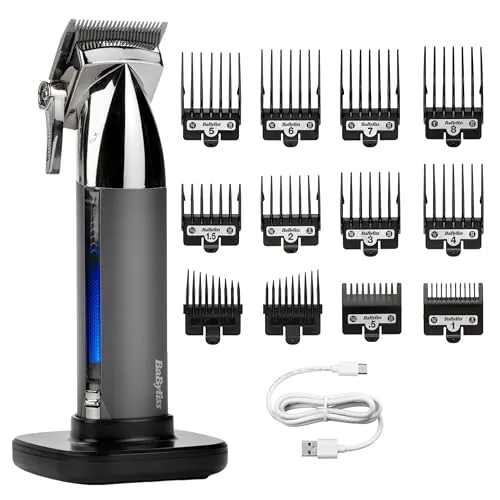 BaByliss Cortapelos Super-X Metal – Máquina de cortar el pelo inalámbrica, Cuchillas de acero japonés, 10 peines guía, 2 peines guía cónicos, Batería de litio, Empuñadura metálica, Negro, E996E