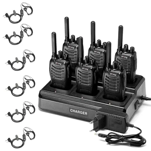 Walkie Talkie PMR446 Licencia Libre Radiobidireccional,16 Canales Walkie Talkies 1500mAh Radio de Largo Alcance Profesional Walkie Talkie,con Cargador de 6 Vías y Auriculares (Negro, 6 Piezas)