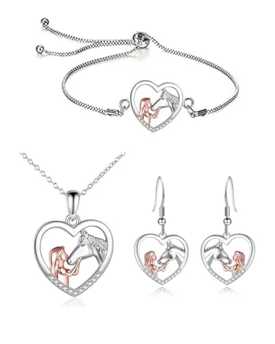 FDCGAS Colgante de Corazón de Plata, Collar con Colgante de Corazón de Cristal, Pendientes, Pulsera, Collar de Niña y Caballo, Joyería de Caballo, Regalo para Niñas y Mujeres