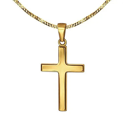 CLEVER SCHMUCK Cadena de cruz de oro para niños, 15 mm, brillante, oro 333 + cadena de eslabones de 40 cm, plata chapada en oro, en estuche color crema