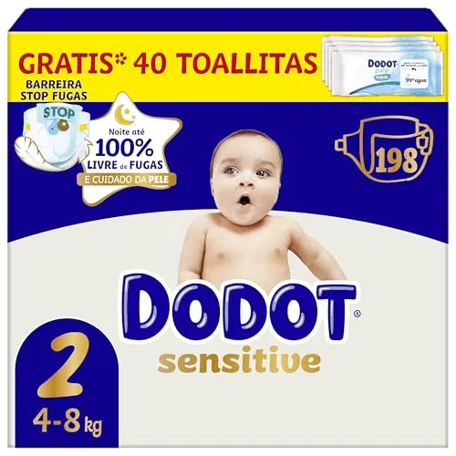 Dodot Pañales Bebé Sensitive Talla 2 (4-8 kg), 198 Pañales + 1 Pack de 40 Toallitas Gratis Cuidado Total Aqua, Absorción y Protección de la Piel de Dodot, Pack Mensual