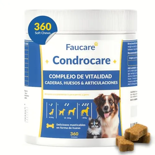Condroprotector Perros 360 Uds (1 Año) Colágeno Magnesio y Calcio, Mantenimiento Articular, Glucosamina, Condroitina, Cúrcuma, Vitality Complex para Movilidad, Huesos. Faucare