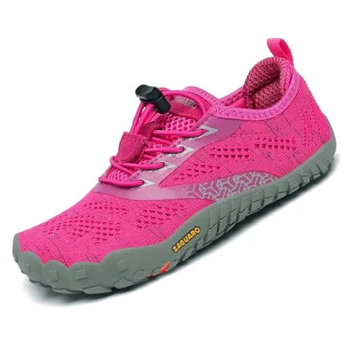 SAGUARO Zapatillas de Trail Niñas Calzado Descalzos Niños Zapatillas de Deporte Fitness Correr en Asfalto Transpirables Minimalistas Barefoot Zapatos Senderismo Antideslizantes Exterior Rosa 28 EU