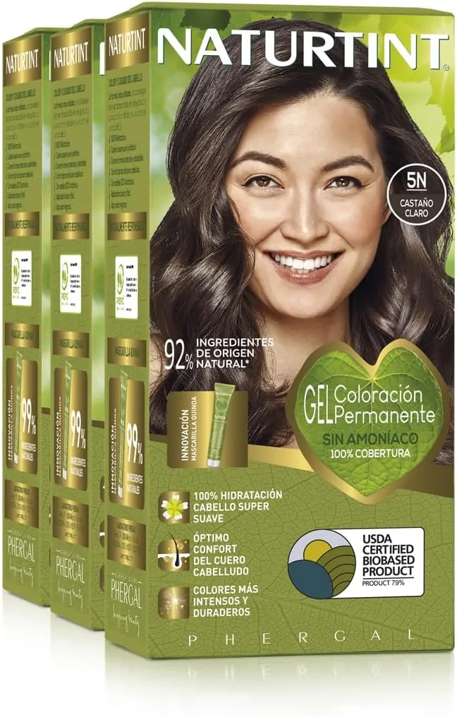 Naturtint Biobased | Coloración sin amoniaco | 100% cobertura de canas | Ingredientes vegetales | Color natural y duradero | 5N Castaño Claro | Pack de 3 |