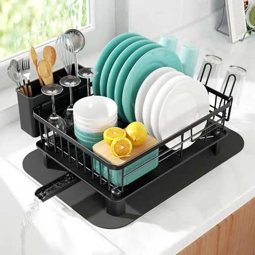 niffgaff Escurridor de platos negro (37.5 * 28 * 14.5 cm), escurridor de acero inoxidable con alfombrilla de secado rápido, soporte de secado para platos
