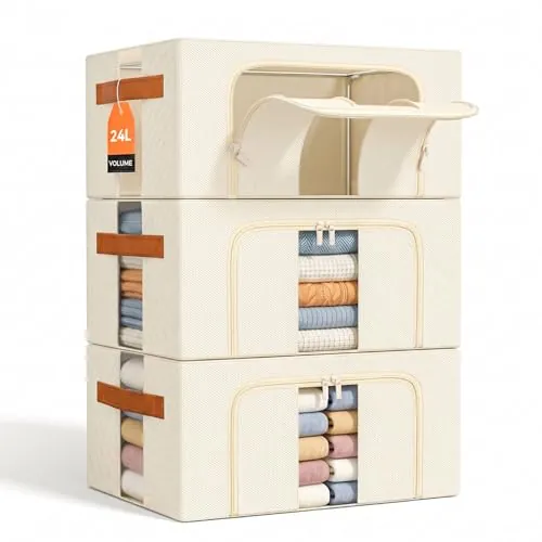 NiuBeBe Caja Almacenaje Ropa Apilables: Bolsas Plegable Metálica Estructura | Organizador Armariopara Guardar Para Ropa Suéteres, Camisetas, Ropa de cama (Beige 3x24L)