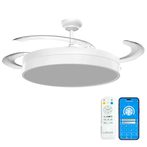 LEDUNI Ventilador de techo con luz con mando, Motor DC 30W+36wLuz LED,temporizador, 6 velocidades, aspas retráctiles, 3 temperaturas de luz, función verano-invierno Silencioso (Blanco Nielo, 50CM)