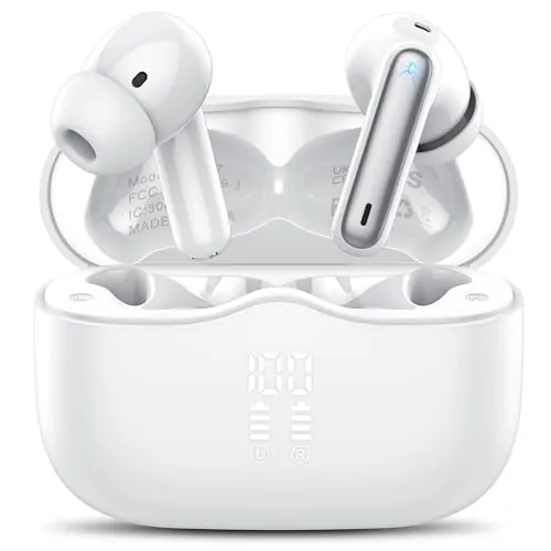 Auriculares Inalambricos Bluetooth, Auriculares Bluetooth 5.4 con ENC Reducción de Ruido, 40H HiFi Estéreo Cascos Inalambricos Bluetooth con 4 HD Mic, Pantalla LED, IP7 Impermeablem Cascos, Blanco