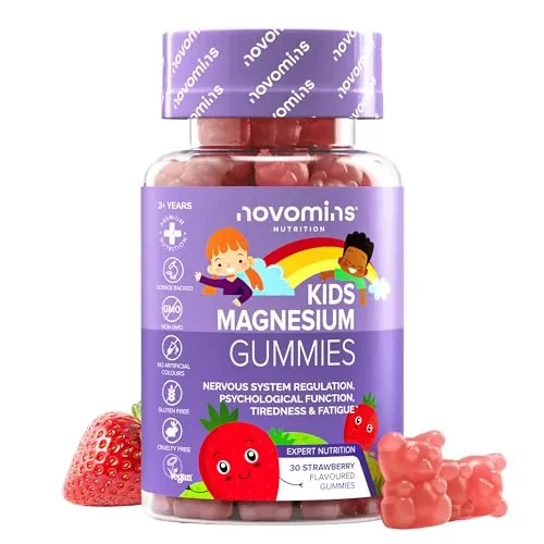 Gominolas de Magnesio para Niños | 546 mg de Citrato de Magnesio | Novomins | 60 mg de Magnesium | Suplemento Vegano y Sin Gluten | 30 Magnesio Gominolas | para 1 Mes | Sabor Fresa