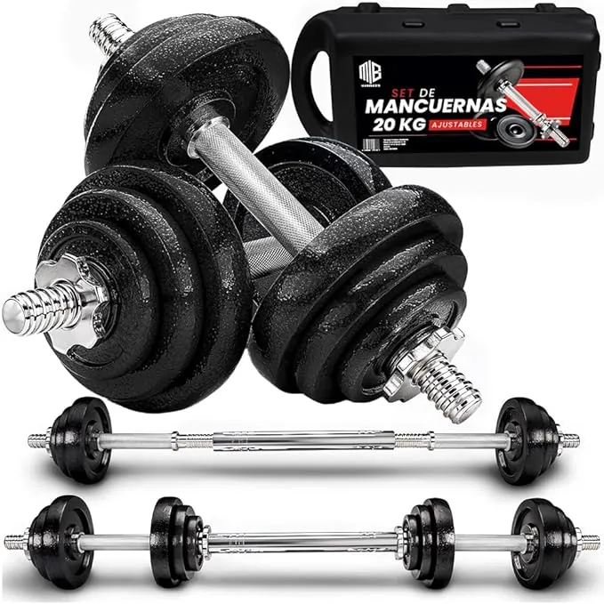 ManiBoom Mancuernas Ajustables HIERRO PURO (No Plástico) - Kit Pesas 3 en 1 con Barra Extensora - Maletín Rígido de Musculación y Fitness en Casa - Discos Macizos y Seguros (15kg - 55kg)
