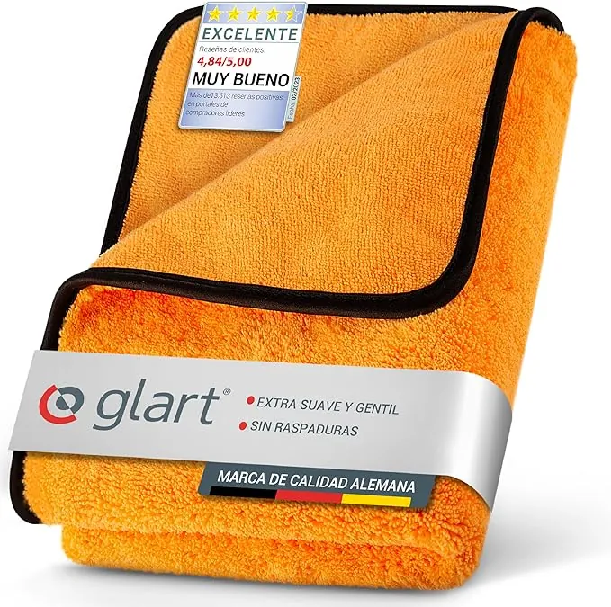 Glart 44WG Toalla secante coche XXL 90×60 cm – Paño microfibra naranja – Limpieza y alta absorción para coche, moto, barco y hogar – Suave, protege la pintura, sin pelusa, apto para múltiples usos