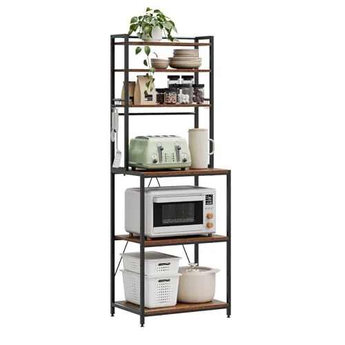 WOLTU Estantes de Cocina de 6 Niveles, Estanteria Almacenaje con 6 Ganchos, Organizador Cocina, Mueble para Microondas, Metal + Madera, 60x40x167 cm, Marrón Rústico+Negro