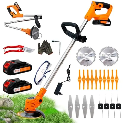 OUTIGO Desbrozadora a batería, desbrozadora eléctrica a batería, Equipada con 2 baterías y 4 Cuchillas, cortacésped Plegable de 800 W, Adecuado para Cortar el césped de Jardines y arbustos