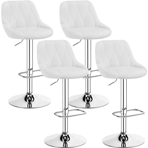 Yaheetech Juego de 4 Taburetes de Bar de Altura Ajustable con Respaldo | Taburetes Altos Cocina Regulable entre 86-107,5cm, Sillas de Bar Asiento Giratorio y Reposapiés PU Estructura de Metal Blanco