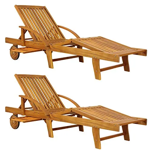 CASARIA® 2x Tumbonas Plegables Exterior Madera Acacia Silla Reclinable Jardín Respaldo Ajustable Reposabrazos Mesa Extensible 2 Ruedas Resistente Intemperie Carga 160Kg
