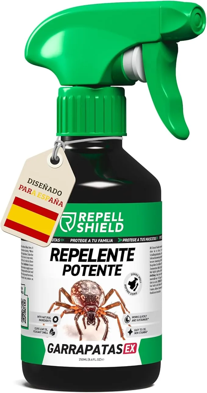 RepellShield® Spray Repelente Garrapatas Humanos y Pulgas -250ml- Uso Interior y Exterior - No Mancha - Aplica en Ropa, Calzado, Textiles, Hogar, Jardín - Antipulgas Natural con Tomillo y Geraniol