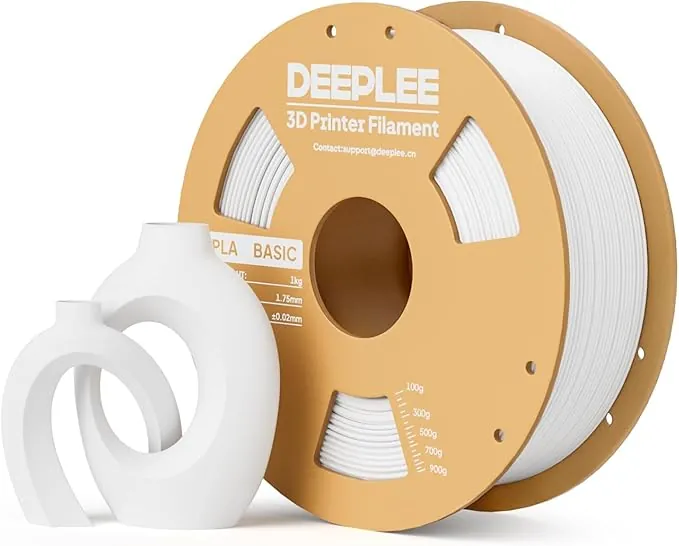 DEEPLEE PLA Basic 1.75 mm, Bobina 1 kg Blanco. Precisión ±0.02 mm. Bobina Perfecta Sin Atascos. Ideal para Principiantes. Compatible con Impresoras FDM.