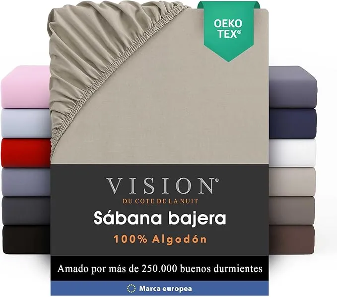 VISION Sábana Ajustable - 100% algodón - Cama Doble (150 x 200 cm) - Esquinas elásticas - Se Adapta a colchones de hasta 30 cm - Certificación Oeko-Tex - Lavable a máquina - Color: Beige