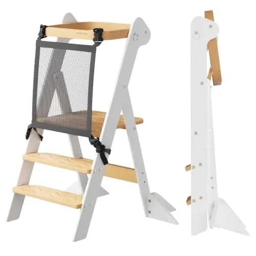 COSYLAND Torre de Aprendizaje Montessori de Madera Plegable Desde 1 Año – Ganadora del Premio iF Design, con Red de Seguridad y Altura Ajustable, Ideal para Cocina y Baño (Blanco y Natural)