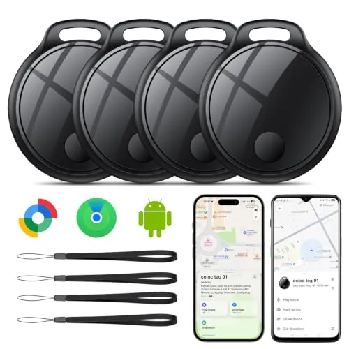 Smart Tag 4 Unidades para Android e iOS, Bluetooth Tracker para Llaves, Maletas, Cartera, Mochila y Bolso, Tracker Tag 120 dB, Red de Búsqueda Global, Compartición Familiar, IP67, Sin Suscripción