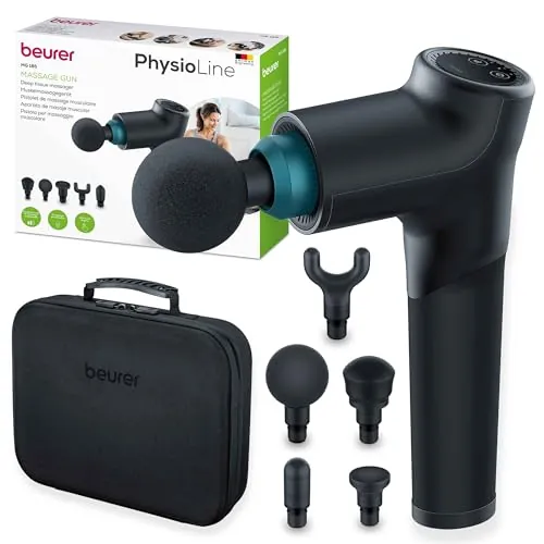 Beurer MG 185 Pistola de masaje, Massage Gun con 5 accesorios, potente masaje de puntos gatillo, relajación de tensiones, masajeador muscular con 9 niveles de intensidad, con batería recargable