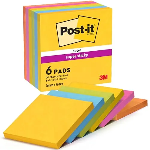 Post-It Notas Super Sticky Colección Carnival, Paquete de 6 Blocs de Notas, 90 Hojas por Bloc, 76 mm x 76 mm, Para Listas de Tareas y Recordatorios