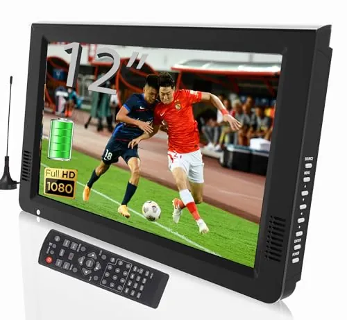 Lelukee TV Digital Portátil con batería de 1500 mAh,12 pulgadas 1080P MINI TV DVBT/T2 Sintonizador,Batería incorporada,12v carga coche,Freeview TV al aire libre,en coche.