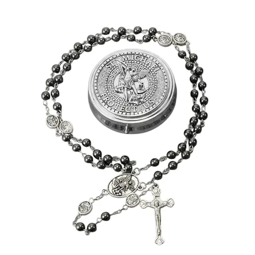 Nazareth Store San Miguel Rosario de hematita Piedra Cuentas Collar Metal Cuentas Gloria Medalla Arcángel y cruz con caja de regalo de metal, Large, Acero aleado, No es una piedra preciosa