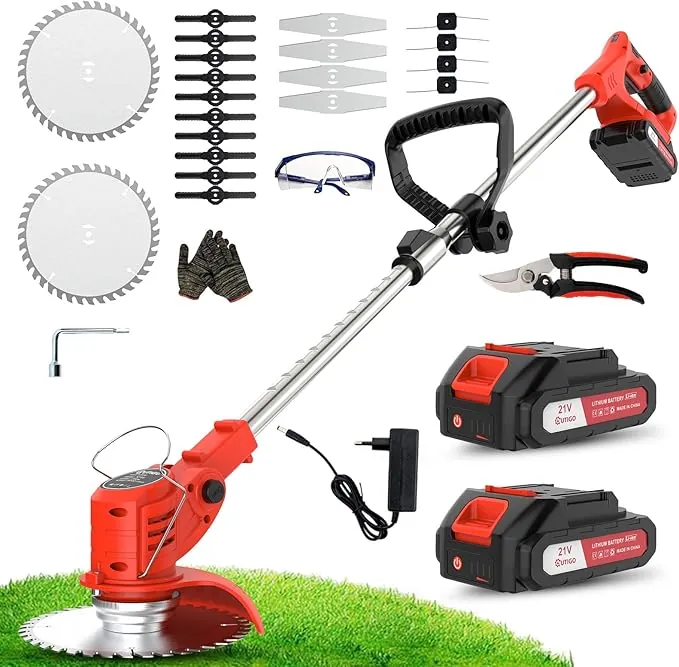 OUTIGO Cortadora de césped eléctrica inalámbrica, desbrozadora inalámbrica con 2 baterías y 4 Cuchillas, Recortar Malas Hierbas, césped Exterior y Ramas pequeñas, Decespugliatore Elettrico