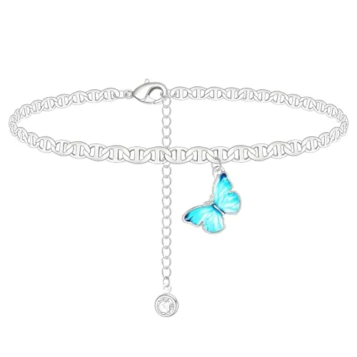 ZEXOWIJ Tobilleras de Plata para Mujer Ajustable de Mariposa Tobilleras de Pie de Playa Tobilleras Regalos para Mujeres Adolescentes Niñas