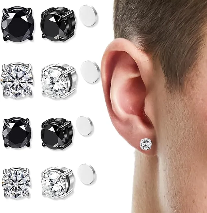 4 Pares Inoxidable Pendientes Iman Hombres Mujer Pendientes Magnéticos Sin Agujero Perforacion Diamante Circonita Falso Pendientes Clip Non Piercing 6/8