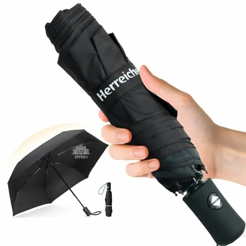 Herreicher Paraguas de viaje automático, compacto, plegable, portátil, protección UV, paraguas ligero, 98 cm de envergadura, 6 costillas, 210T, protección UPF50+, para adultos y niños, color negro