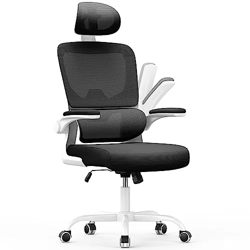 naspaluro Silla de Oficina Ergonómica con Soporte Lumbar, Silla de Escritorio de Respaldo con Reposacabezas y Altura Ajustables, Reposabrazos Abatible, Silla de Ordenador para Oficina en Casa, Blanco