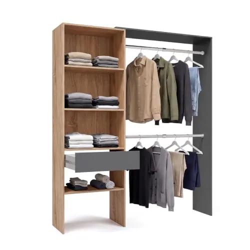 duehome Armario Vestidor Aura, Abierto, Reversible, con 2 Barras y Cajón | Ropero de Dormitorio, Roble Canadian y Gris Grafito, 4 Estantes, Interior Textil, Anclaje a Pared, 158 x 40 x 187 cm