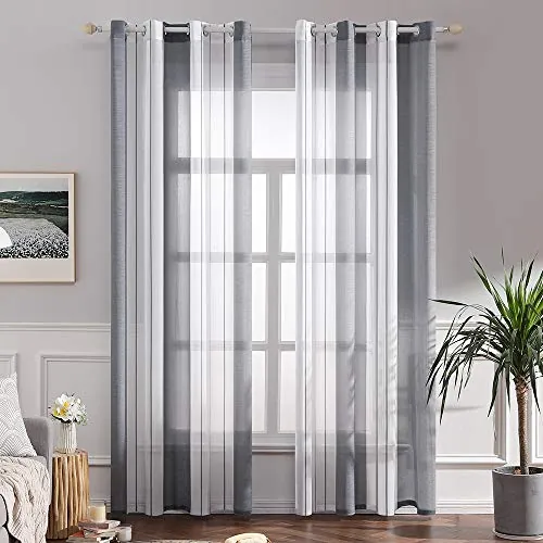 MIULEE Visillos Salon Rayas Blanco y Gris con Ojales Set 2 140x225 cm