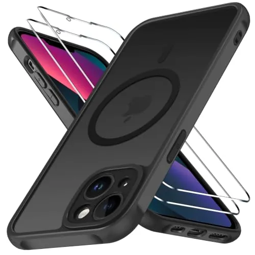 ivoler Funda Magnética para iPhone 13 con 2 Piezas Cristal Templado, Compatible con MagSafe, [Protección Militar] Protectora Antiarañazos Translúcida Mate Silicona Case, Negro