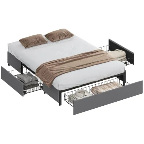 HOMCOM Cama Doble 140x190 cm Somier Matrimonio con Almacenaje Gris