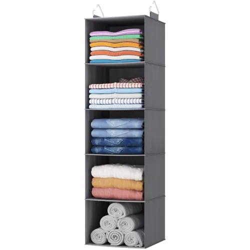 Lifewit Organizador Armario Colgante con 5 Estantes y 2 Ganchos Fuertes, Estantes de Almacenamiento para Armario, Organizador Plegable, Almacenamiento de Ropa, 102 cm (H), Gris