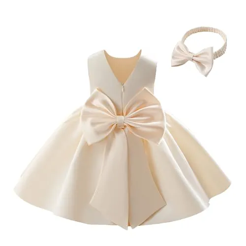 Miipat Vestido para Bebé Niña Satén Bowknot Princesa Cumpleaños Bautismo Vestidos Espalda en V Formal Boda Concurso Fiesta Vestidos para Niñas(Champaña,12-18 Meses