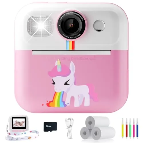 Camara Fotos Infantil Instantanea, 2,4" HD 1080P Cámara Instantánea para Niños con Tarjeta de 32G Bolígrafos de Colores y Papel de Impresión, Regalo para Niños y Niñas de 3, 4, 5, 6, 7, 8, 9 y 10 años