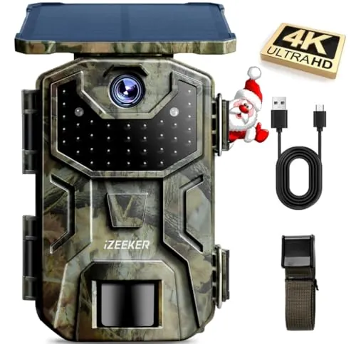 iZEEKER Cámara de Caza Solar, 4K 30fps 48MP Cámara Caza Nocturna con Batería de 2600 mAh 850nm IR LED Brillo Impermeabile IP66 para Vigilancia de la Vida Silvestre y Seguridad Interior