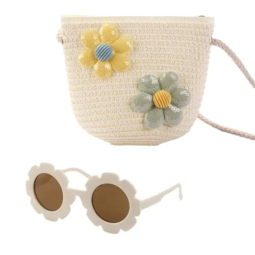 AWAVM - Bolso bandolera para niñas con gafas de sol con flores, bolso trenzado ajustable para niños, Flor 2blanc Leche