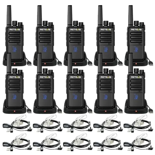 Retevis RT668H Walkie Talkie Profesional, Walkie Talkies con Pantalla, Walkie Talkie Recargable USB C, PMR 446 Walkie-Talkies con Auriculares VOX para Comercial, Hotel (10 Pcs, Negro)