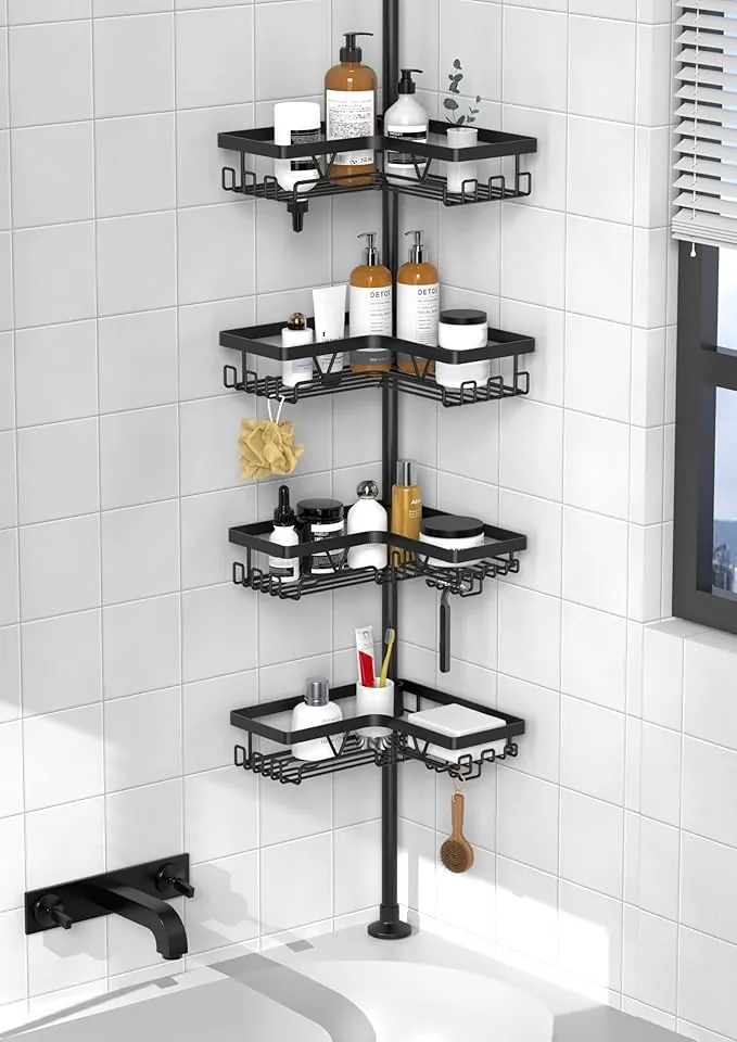 Kegii Telescópica Estantería Ducha, Esquina Estante Ducha, Estanteria baño Sin Taladro, Estanteria Ducha con 4 Cestas para Bañera y Baño, Altura Ajustable 63.5-290 CM，Negro