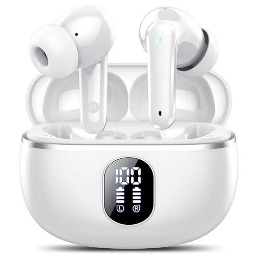 Auriculares Inalámbricos Bluetooth, Auriculares Bluetooth 5.4, 4 HD Mic con Reducción de Ruido ENC, 50H con HiFi Graves, Cascos Inalambricos Bluetooth Deportivos IP7 Impermeable, Ajuste Cómodo Blanco