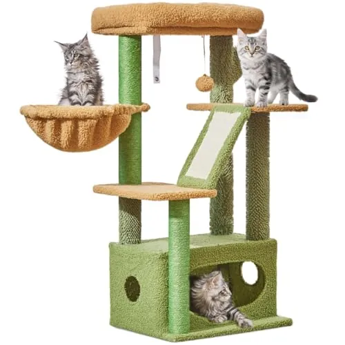 Taoqimiao Árbol para Gatos, Altura 98 cm, Torre de Gatos | Adecuado Para Gatitos, Plataformas Grandes con almohadilla, Casa Para Gatos De Lujo, Cestas Ajustables, MS029ST Verde