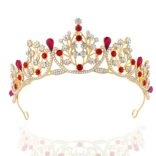 Snowtain Corona Tiara Mujer con Cristales – Diadema de Princesa Dorada con Piedras Rojas y Blancas – Accesorio Elegante para Bodas, Fiestas, Cumpleaños, Disfraces o Regalo