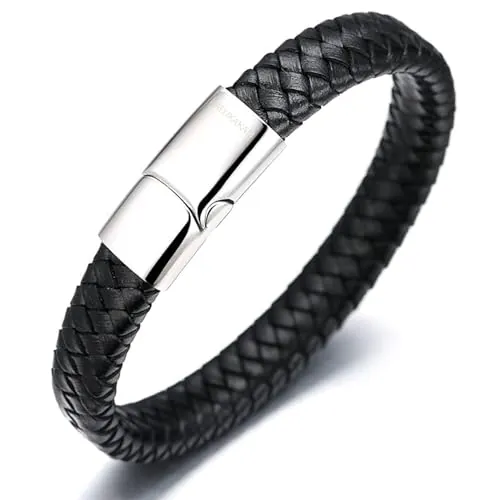 HALUKAKAH Ni駉s ? Solo Junior ? Pulsera Ninos Cuero Genuina Cl醩ico Negro 6-12 A袿S Cierre Magn閠ico de Titanio Acero Inoxidable 7"/18cm con CajaDeRegaloGRATIS
